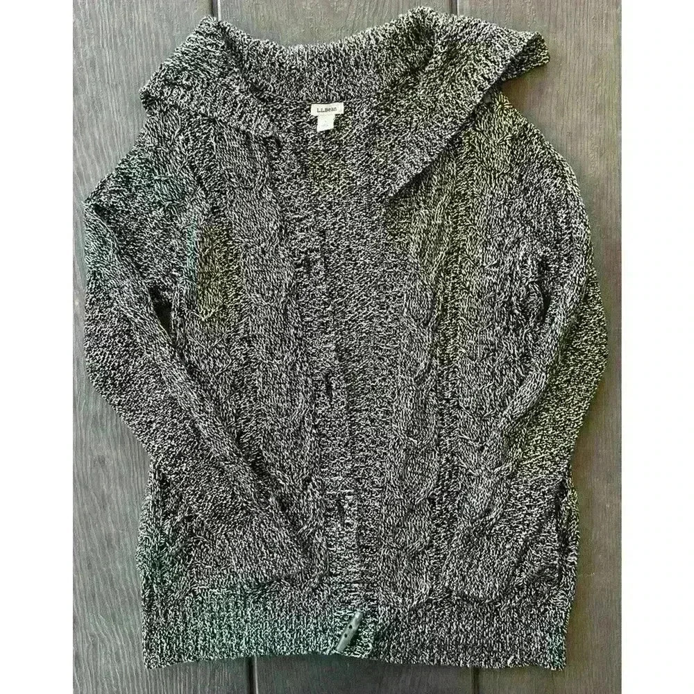 LL Bean Chunky Cable Knit Sweater Sz Small Petite Black White *FLAW*